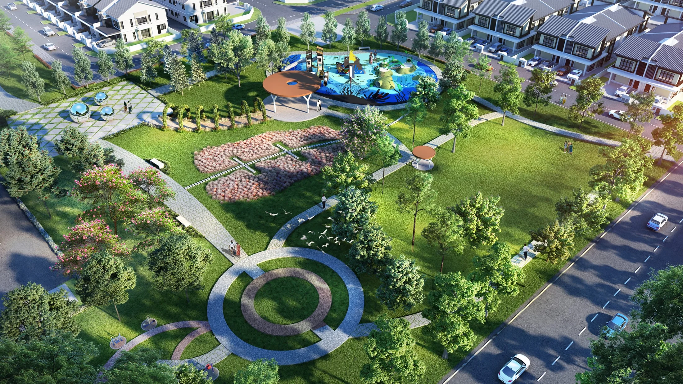 Landscaped Central Park and surrounding homes at Taman Mutiara Maju
