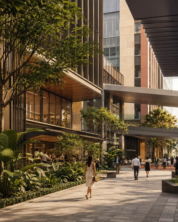 A landscaped contemporary commercial district with shaded walkways