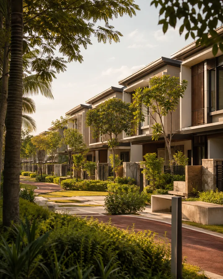 Contemporary tropical homes along a landscaped neighbourhood street